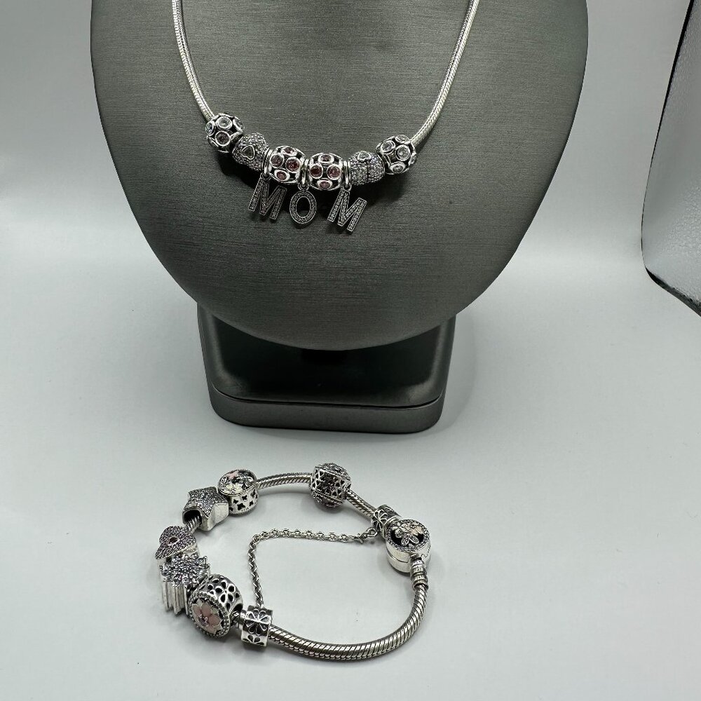 Authentic Pandora 6 Charm Bracelet and Necklace 925 Sterling Silver Signed